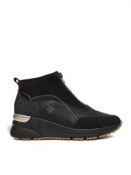 Rieker Botki CEO-N6361-00 Czarny. Czarne botki Rieker, bez wzorów, z materiału, bez obcasa, na koturnie, bez zapięcia. Za 349.99 zł.