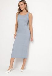 Jasnoniebieska Sukienka na Ramiączkach z Wiskozą o Ołówkowym Kroju z Rozcięciem Tirbia. Niebieskie sukienki Born2be, l, bez wzorów, z jeansu, eleganckie, bez kołnierzyka, bez ramiączek, maxi, ołówkowe. Za 99.99 zł.