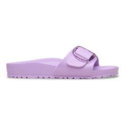 BIRKENSTOCK Madrid Big Buckle EVA Crocus Klapki damskie. Fioletowe klapki Birkenstock, bez wzorów, z materiału, bez obcasa. Za 239.99 zł.