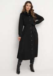 Czarna Koszulowa Sukienka Maxi z Wiązanym Paskiem Isylie. Czarne sukienki Born2be, l, bez wzorów, bez kołnierzyka, bez ramiączek, maxi, koszulowe. Za 119.99 zł.