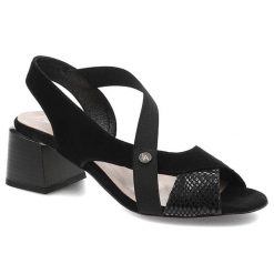 Sandały damskie Lamanti, wykonany ze skóry naturalnej zamszowej z krzyżującymi się paskami ażurową wstawką z przodu i szerokim obcasem klockowym , cz. Czarne sandały Lamanti, w ażurowe wzory, ze skóry, biznesowe, bez obcasa, na obcasie, bez zapięcia. Za 219.00 zł.