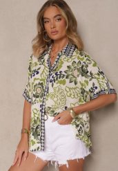 Zielona Wiskozowa Koszula w Kwiaty Milandena. Zielone koszule Renee, l, bez wzorów, z jeansu, eleganckie, bez kołnierzyka, bez ramiączek. Za 69.99 zł.