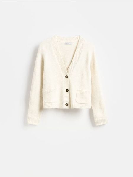 Kardigan z guzikami - kremowy. Białe kardigany Reserved, l, bez wzorów, z dzianiny. Za 119.99 zł.