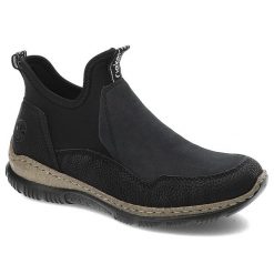 Czarne Botki Rieker Modne Wsuwane Obuwie Damskie. Czarne botki Rieker, bez wzorów, z materiału, bez obcasa, bez zapięcia. Za 271.99 zł.