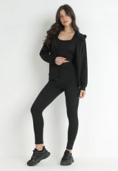 Czarny Komplet Sportowy 3-częściowy Bluza Legginsy i Top Fika. Czarne bluzy Born2be, l, bez wzorów, z dresówki, z kapturem. Za 79.99 zł.