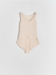 Dwuczęściowa piżama - złamana biel. Piżamy Reserved, bez wzorów, z tkaniny, bez ramiączek. W wyprzedaży za 65.99 zł.