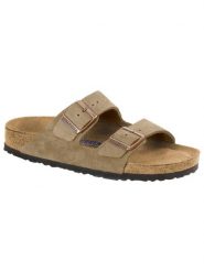 Klapki Birkenstock Arizona SFB Suede Taupe 951301. Brązowe klapki Birkenstock, bez wzorów, z materiału, z okrągłym noskiem, bez obcasa. Za 509.59 zł.