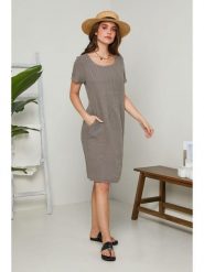 Le Monde du Lin Lniana sukienka w kolorze szarobrązowym rozmiar: 34/36. Brązowe sukienki Le Monde du Lin, bez wzorów, ze lnu, bez kołnierzyka, bez ramiączek, midi. Za 152.99 zł.