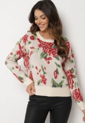 Jasnobeżowy Klasyczny Sweter o Pudełkowym Kroju w Rustykalny Kwiatowy Wzór z Metaliczną Nicią Savielle. Brązowe swetry Born2be, uniwersalny, bez wzorów, z jeansu, bez ramiączek. Za 89.99 zł.