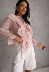 Różowa Bluzka z Lyocellem w Stylu Boho z Wiązaniem pod Szyją i Falbanami Tasimi. Czerwone bluzki Renee, l, bez wzorów, z jeansu, boho, bez kołnierzyka, bez ramiączek. Za 99.99 zł.