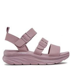 Sandały Skechers. Fioletowe sandały Skechers, bez wzorów, retro, bez obcasa, na koturnie, bez zapięcia. Za 239.99 zł.
