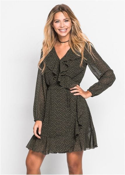 Sukienka kopertowa mini. Zielone sukienki bonprix, bez wzorów, bez kołnierzyka, bez ramiączek, mini, kopertowe. Za 159.99 zł.