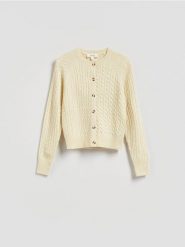 Kardigan z wełną i domieszką kaszmiru - złamana biel. Kardigany Reserved, l, bez wzorów, z dzianiny. Za 259.99 zł.
