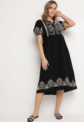 Czarna Bawełniana Sukienka Boho o Rozkloszowanym Kroju Zdobiona Haftem Lannivra. Czarne sukienki Born2be, na co dzień, na lato, l, z aplikacjami, z bawełny, boho, bez kołnierzyka, bez ramiączek, midi, rozkloszowane. Za 139.99 zł.