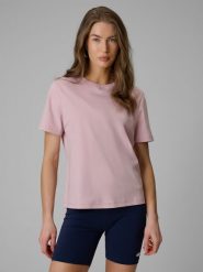 4F T-shirt regular gładki damski - różowy S. Czerwone t-shirty 4f, s, bez wzorów, z materiału, bez kołnierzyka, bez ramiączek. Za 79.99 zł.