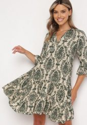 Zielono-Beżowa Bawełniana Rozkloszowana Sukienka z Falbankami Miloa. Zielone sukienki Born2be, na co dzień, na lato, l, bez wzorów, z bawełny, klasyczne, bez kołnierzyka, bez ramiączek, mini, proste. Za 54.99 zł.