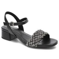 Czarne Sandały Marco Tozzi Eleganckie Obuwie Damskie. Czarne sandały Marco Tozzi, z aplikacjami, eleganckie, bez obcasa, na obcasie, bez zapięcia. Za 219.00 zł.