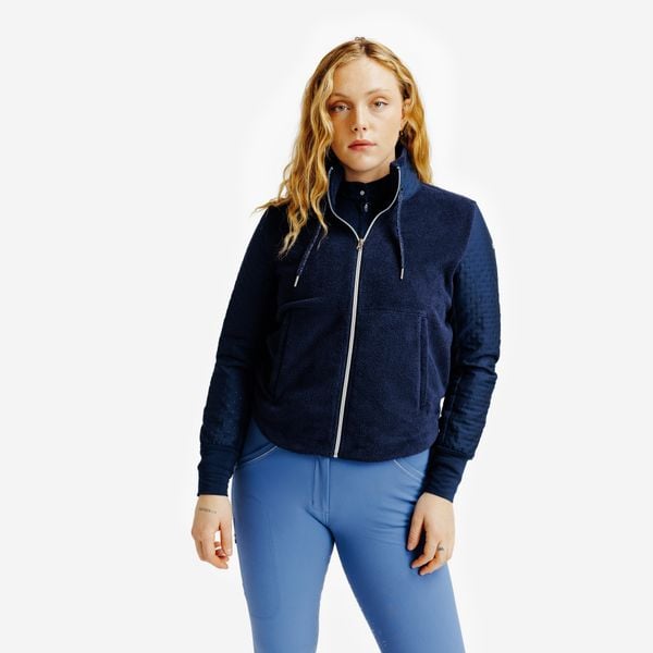 Bluza jeździecka damska 500 ciepła. Niebieskie bluzy FOUGANZA, na zimę, s, bez wzorów, z materiału, bez kaptura. Za 99.99 zł.