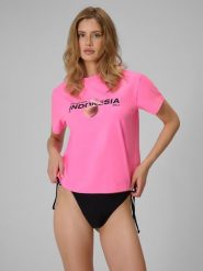 4F T-shirt loose z nadrukiem damski - różowy M. Czerwone t-shirty 4f, m, bez wzorów, z bawełny, bez kołnierzyka, bez ramiączek. Za 69.99 zł.