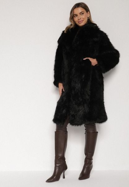Czarny Jednorzędowy Płaszcz Futro z Szerokim Kołnierzem Wedinalia. Czarne płaszcze Born2be, l, bez wzorów, z futra, bez kaptura. Za 329.99 zł.