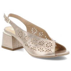 Sandały damskie Armodo, ze skóry licowej z dziurkami na klocku ze sprzączką eleganckie, złote, 1981-3014. Żółte sandały Armodo, w ażurowe wzory, ze skóry, biznesowe, bez obcasa, na obcasie, bez zapięcia. Za 289.00 zł.