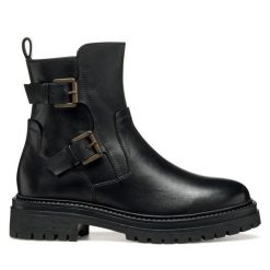 Botki Geox. Czarne botki Geox, bez wzorów, bez obcasa, na płaskiej podeszwie, bez zapięcia. Za 639.99 zł.