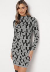 Szara Sukienka Mini ze Sweterkowego Materiału w Geometryczny Wzór Lenikes. Szare sukienki Born2be, bez wzorów, z bawełny, bez kołnierzyka, bez ramiączek, mini. Za 84.99 zł.