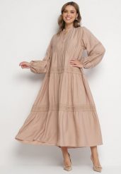 Ciemnobeżowa Rozkloszowana Sukienka z Wiskozy z Koronkowymi Wstawkami Nalanieth. Brązowe sukienki Born2be, na co dzień, l, bez wzorów, z koronki, eleganckie, bez kołnierzyka, bez ramiączek, maxi, kopertowe. Za 159.99 zł.