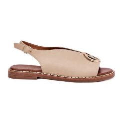 Płaskie Eleganckie Sandały Z Ozdobą Beżowe beżowy. Brązowe sandały z aplikacjami, ze skóry, eleganckie, bez obcasa, na płaskiej podeszwie, bez zapięcia. Za 160.24 zł.