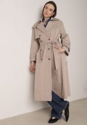 Beżowy Bawełniano-Wiskozowy Płaszcz Trencz z Wiązanym Paskiem i Klapą Lissana. Brązowe płaszcze Born2be, l, bez wzorów, z bawełny, bez kaptura. Za 209.99 zł.