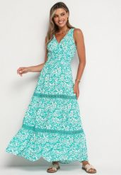 Zielona Bawełniana Sukienka o Taliowanym Kroju z Gumką w Talii i Wiązaniem na Szyi Xenena. Zielone sukienki Born2be, m, bez wzorów, z bawełny, bez kołnierzyka, bez ramiączek, maxi, dopasowane. Za 49.99 zł.