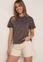 Ciemnoszary Bawełniany T-shirt Ozdobiony Cyrkoniami Monomene. Szare t-shirty Born2be, m, z aplikacjami, z bawełny, bez kołnierzyka, bez ramiączek. Za 59.99 zł.