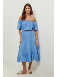 Lin Passion Lniana sukienka w kolorze błękitnym rozmiar: 38/40. Niebieskie sukienki Lin Passion, bez wzorów, ze lnu, klasyczne, bez kołnierzyka, bez ramiączek, midi. Za 173.99 zł.