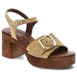 Sandały damskie Marco Tozzi, cholewka ze skóry naturalnej zamszowej ozdobna klamra odkryty przód stabilny obcas, beżowe, 2-28391-46 424. Brązowe sandały Marco Tozzi, bez wzorów, ze skóry, eleganckie, bez obcasa, na obcasie, bez zapięcia. Za 299.00 zł.