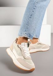 Beżowe Sneakersy Ozdobione Geometrycznym Motywem Calgis. Brązowe obuwie sportowe Renee, z jeansu, bez zapięcia, trekkingowe. Za 89.99 zł.
