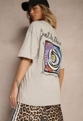 Beżowy T-shirt Koszulka z Bawełny Ozdobiona Nadrukiem i Napisem Just Be There Felena. Brązowe bluzki Renee, l, bez wzorów, z bawełny, bez kołnierzyka, bez ramiączek. Za 39.99 zł.