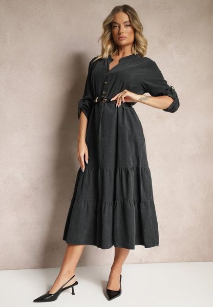 Ciemnoszara Sukienka o Rozkloszowanym Kroju z Bawełny z Rękawami z Regulacją i Falbanką Arivin. Szare sukienki Renee, na co dzień, uniwersalny, bez wzorów, z bawełny, eleganckie, bez kołnierzyka, bez ramiączek, midi, proste. Za 159.99 zł.