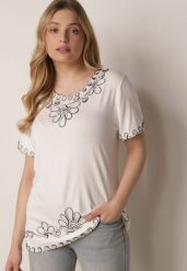 Biała Wiskozowa Bluzka na Krótki Rękaw z Etno Haftem z Metaliczną Nicią Aiopa. Białe bluzki Born2be, l, bez wzorów, z jeansu, biznesowe, bez kołnierzyka, plus size, bez ramiączek. Za 69.99 zł.