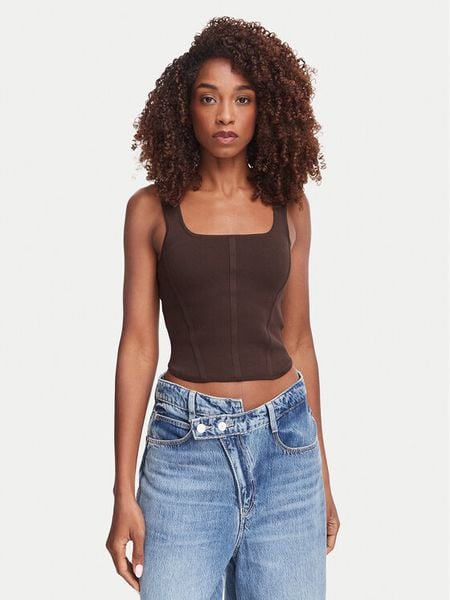 Guess Top W6YZ08 Z0979 Brązowy ciemny Slim Fit. Brązowe topy Guess, m, z aplikacjami, z syntetyku, bez kołnierzyka, bez ramiączek. Za 182.99 zł.