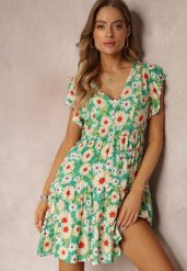 Jasnozielona Taliowana Sukienka Mini w Kwiaty z Gumką w Talii Teziovi. Zielone sukienki Renee, m, bez wzorów, z wiskozy, bez kołnierzyka, bez ramiączek, mini. Za 59.99 zł.