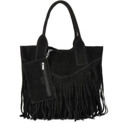 Shopperka boho skórzana VERA PELLE L83 czarna. Czarne shopper z aplikacjami, z materiału, boho, zamszowe, bez dodatków. Za 175.99 zł.