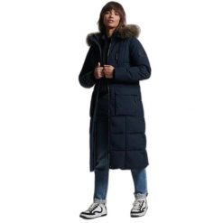 Damski płaszcz ze sztucznego futra Superdry Everest. Niebieskie płaszcze Superdry, s, bez wzorów, z elastanu, z kapturem. Za 850.65 zł.