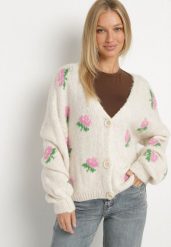 Jasnobeżowy Kardigan Oversize z Domieszką Wełny w Kwiatowy Wzór Nelenea. Brązowe kardigany Born2be, bez wzorów, z jeansu. Za 169.99 zł.