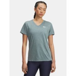 Koszulka fitness damska Under Armour V-Neck krótki rękaw. Niebieskie bluzki Under Armour, bez wzorów, sportowe, bez kołnierzyka, bez ramiączek. Za 139.99 zł.