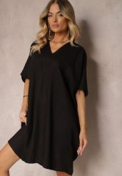 Czarna Pudełkowa Sukienka z Bawełny z Krótkim Rękawem i Trójkątnym Dekoltem Vikana. Czarne sukienki Renee, na imprezę, l, bez wzorów, z bawełny, eleganckie, bez kołnierzyka, plus size, bez ramiączek, midi. Za 59.99 zł.