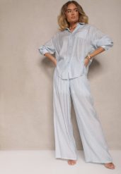 Jasnoniebieskie Spodnie Palazzo High Waist z Szeroką Nogawką i Gumką w Talii Jenarielis. Niebieskie spodnie materiałowe Renee, na co dzień, l, bez wzorów, z jeansu, z podwyższonym stanem. Za 69.99 zł.