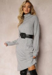 Szara Pudełkowa Sukienka Dzianinowa z Golfem i Wsuwanymi Kieszeniami Karimelle. Szare sukienki Renee, xl, bez wzorów, z dzianiny, klasyczne, bez kołnierzyka, bez ramiączek, midi. Za 109.99 zł.