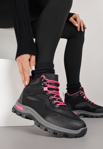 Czarno-Fuksjowe Buty Tekkingowe Trapery Vices z Geometrycznym Wzorem Anerisse. Czarne trapery i śniegowce Born2be, z jeansu. Za 89.99 zł.