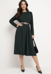 Ciemnozielona Elegancka Sukienka Rozkloszowana Temarielis. Zielone sukienki Born2be, m, bez wzorów, eleganckie, bez kołnierzyka, bez ramiączek, midi, oversize. Za 119.99 zł.