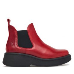 Sztyblety Fly London. Czerwone botki Fly London, bez wzorów, bez obcasa, na płaskiej podeszwie, bez zapięcia. Za 639.99 zł.